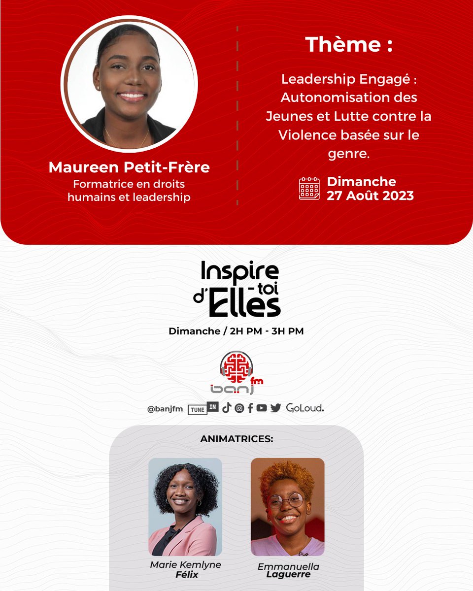 Cet après-midi, je participerai à l'émission "inspire toi d'Elles". C'est un moment privilégié où je vais pouvoir partager mon parcours et mon expérience  dans le renforcement de capacités d'autres jeunes comme moi. Soyez branché.e.s
#ZEL