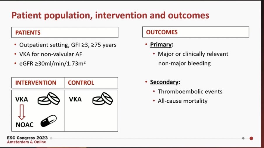 BirkhoelzerS's tweet photo. 🚨Breaking News: FRAIL-AF
Switching old frail patients with AF from Warfarin to NOAC results in 69% more bleeding!!! #ESC2023 

👉🏽⬆️bleeding with Rivaroxaban 
👉🏽Apixaban best in frailty
👉🏽poly pharmacy ➡️higher bleeding 

❌Do not extrapolate trials to older patients! https://t.co/Fu5ffbMW0Z