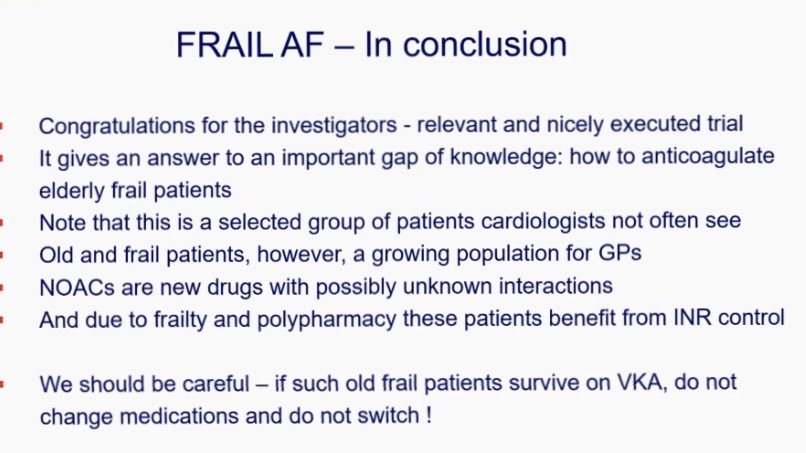 🚨Breaking News: FRAIL-AF
Switching old frail patients with AF from Warfarin to NOAC results in 69% more bleeding!!! #ESC2023 

👉🏽⬆️bleeding with Rivaroxaban 
👉🏽Apixaban best in frailty
👉🏽poly pharmacy ➡️higher bleeding 

❌Do not extrapolate trials to older patients!
