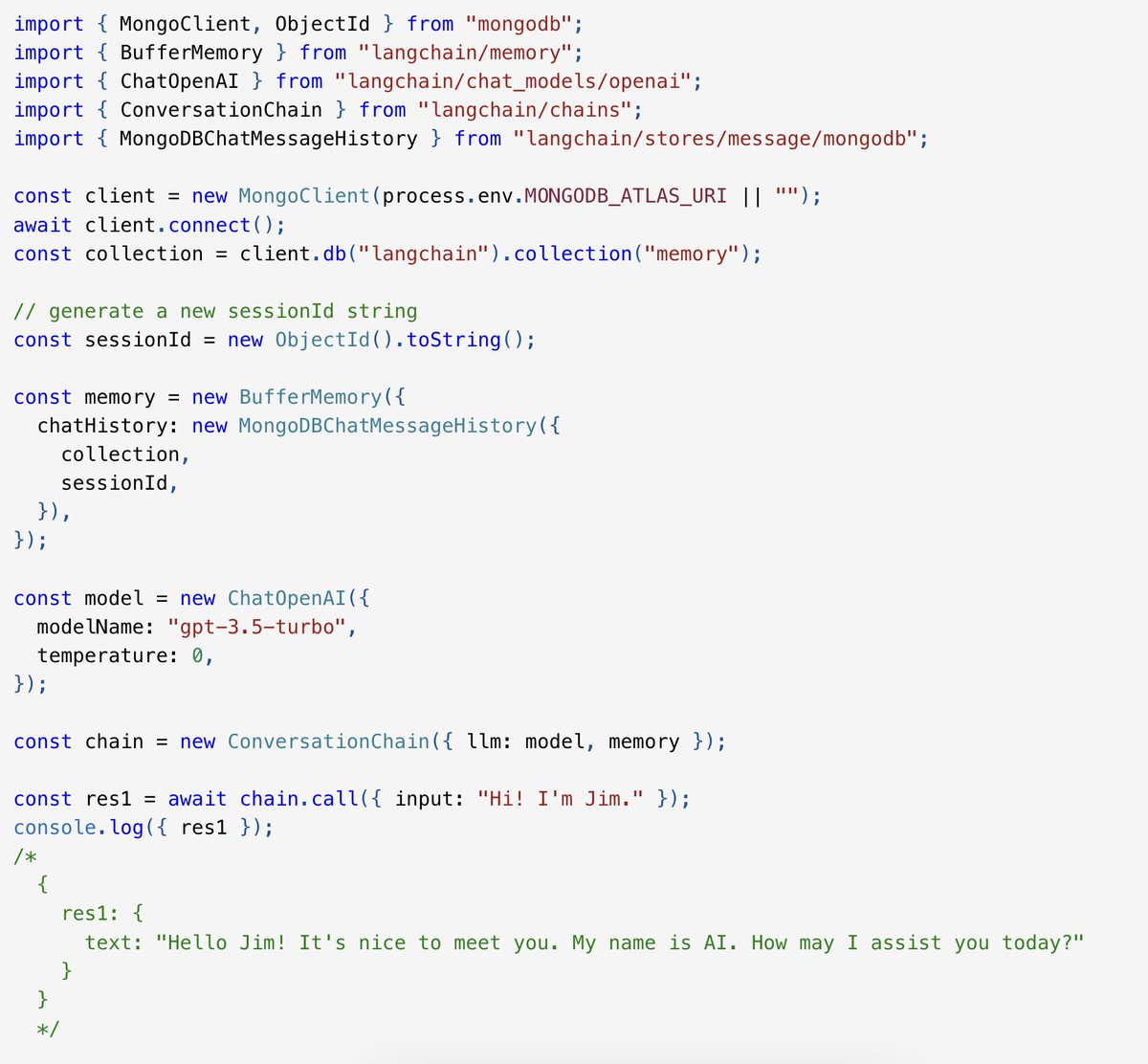 🍃 MongoDB Chat Memory 🍃

You can now easily use <a href="/MongoDB/">MongoDB</a> to save and load chat messages in <a href="/langchain/"></a> 🦜🔗 JS/TS 0.0.135!

Highly convenient, particularly if you're already using Atlas as your vector store.

A big thank you GH user neebdev!

js.langchain.com/docs/modules/m…