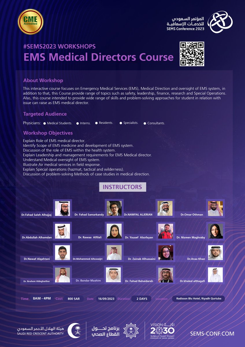 SEMSConference's tweet photo. 📢Don't miss the opportunity!
- Workshop: EMS Medical Directors Course.
- Date: 16 September 2023.
- Venue: Radisson Blu Hotel - Riyadh Qurtuba.
- Time: 8:00 AM - 4:00 PM
- Duration: 2 Days.
Follow the Link to #Register_Now:
https://t.co/FwYuCwOuxu

#SEMS_Workshops
#SEMS2023 https://t.co/PnQfiL4OTH