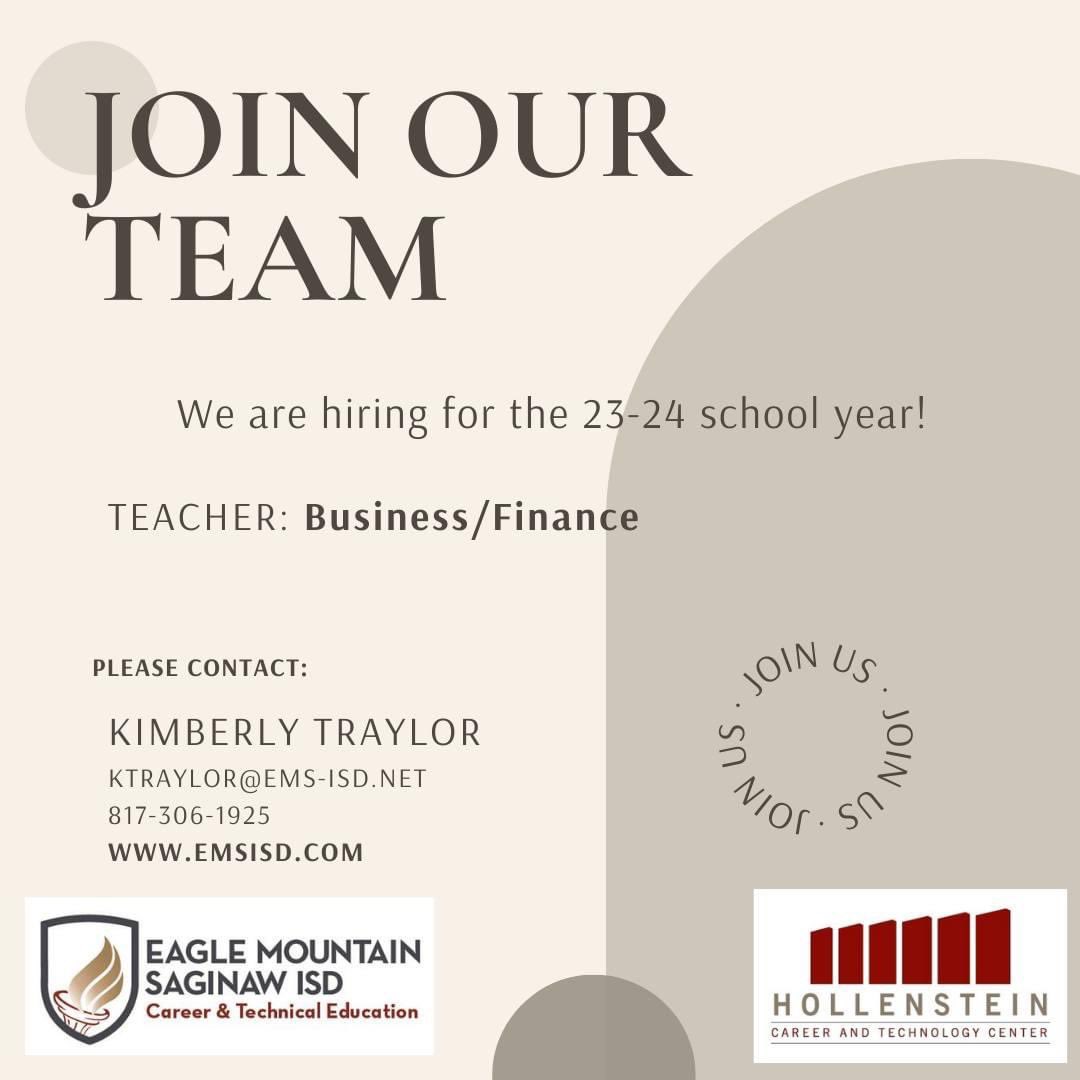 Come join our team and make a difference in the lives of students! We are needing someone with finance experience.  <a href="/EMSISD/">EMS ISD</a> <a href="/EMSISD_CTE/">EMSISD CTE</a> #HCTCready #EMSproud