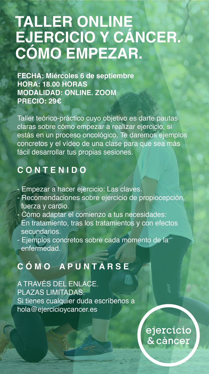 sorayacasla's tweet photo. TALLER EJERCICIO Y CÁNCER: CÓMO EMPEZAR

Iniciamos un nuevo curso con un tema esencial para los pacientes con cáncer: cómo puedo empezar a hacer ejercicio??

🧵👇👇 https://t.co/8VDYiJBVdj