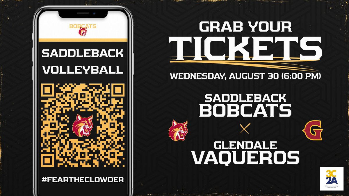 Saddleback Bobcats (@goscbobcats) on Twitter photo *****GET YOUR TICKETS****
Volleyball opens the season at home against Glendale on Wednesday. Avoid the rush at the door!
Scan and scroll to volleyball.
<a href="/AthleticsGCC/">GCC Athletics</a> <a href="/SaddlebackColl/">Saddleback College</a> <a href="/3C2Asports/">3C2A</a> <a href="/OCSportsZone/">OC Sports Zone</a> *****GET YOUR TICKETS****
Volleyball opens the season at home against Glendale on Wednesday. Avoid the rush at the door!
Scan and scroll to volleyball.
<a href="/AthleticsGCC/">GCC Athletics</a> <a href="/SaddlebackColl/">Saddleback College</a> <a href="/3C2Asports/">3C2A</a> <a href="/OCSportsZone/">OC Sports Zone</a>