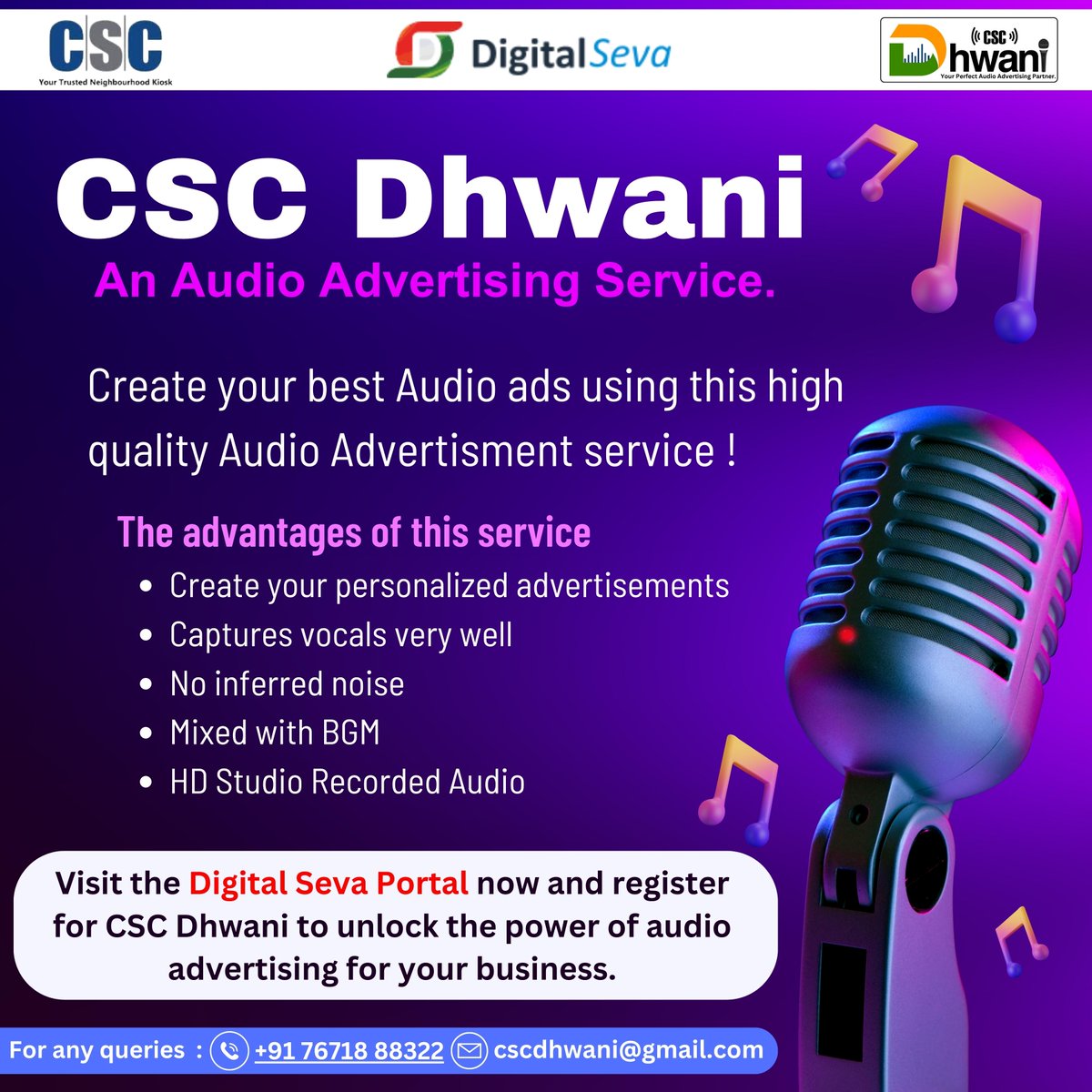 CSCegov_'s tweet photo. Let our voice tell the story of your business!

Visit the Digital Seva Portal now &amp; register for #CSCDhwani to unlock the power of audio advertising for your business.

For any queries, call on 76718 88322 or write on cscdhwani@gmail.com

#CSC #DigitalIndia #AudioAdvertisement https://t.co/bVWIGaWiqi
