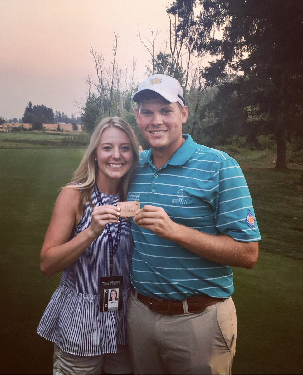 Kourtney_Schenk's tweet photo. 6 years ago today, Adam received his PGA Tour card. Today, he is playing in the final round of the Tour Championship. I have a slew of words to share but I’ll spare you all: I’m wearing waterproof mascara today. https://t.co/QuMdBmcJN7