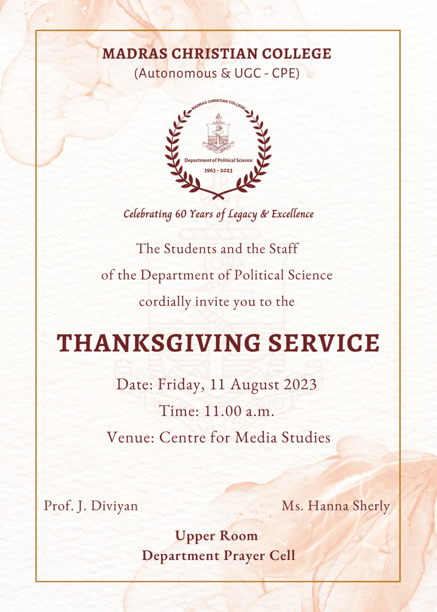 mccapolsc's tweet photo. 💐🌸 The Department of Political Science at the Madras Christian College held the "Thanksgiving Service" on 11 August 2023, initiating the celebration of its 60 years of legacy and excellence. 🙏😇
👩🎨 : @SreejaJS02
📸 : Shekin S, Ezhilan P S & Christeena Joseph
#mcc #polsc https://t.co/i5RkhzVQVI