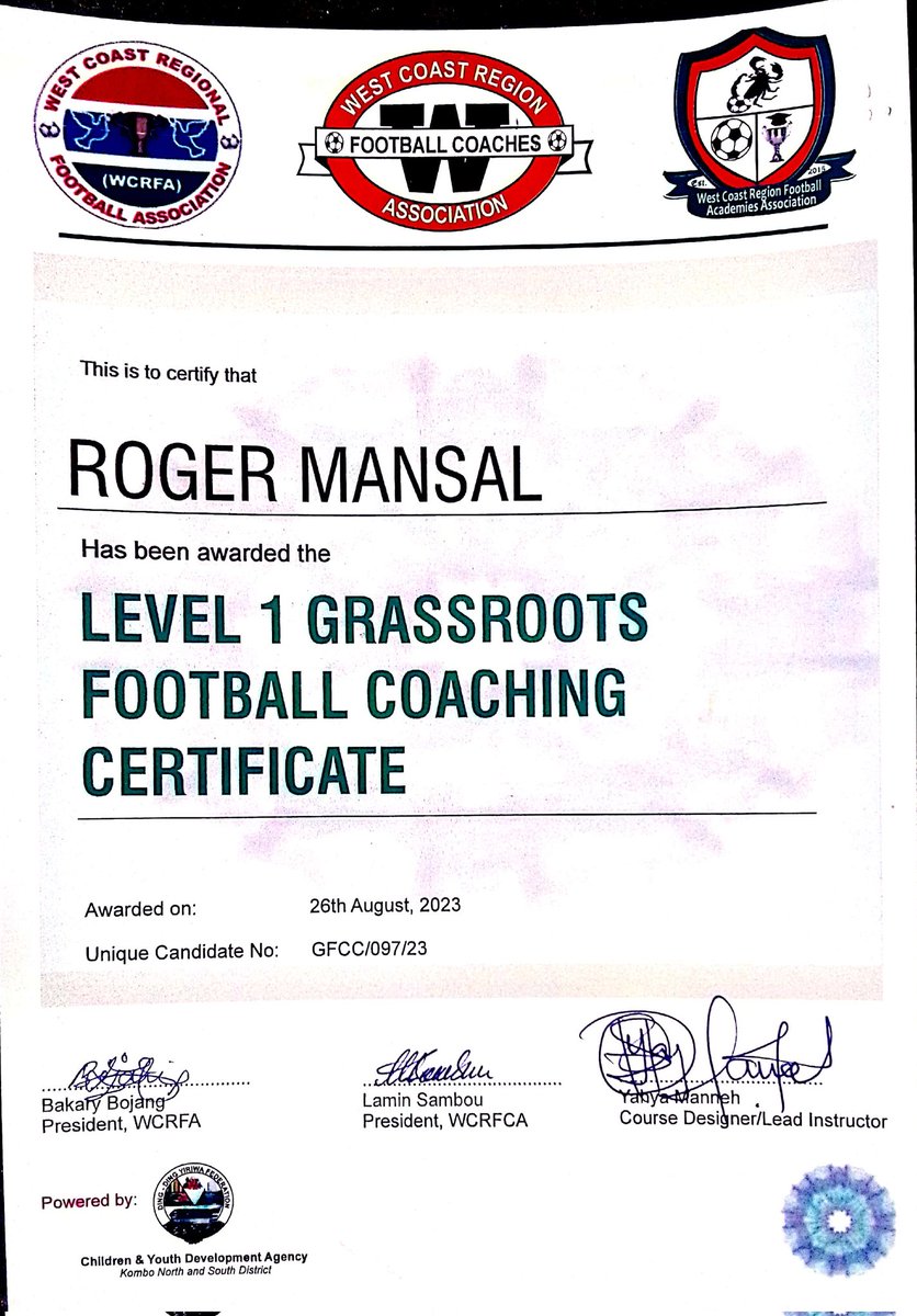 YVFAGambia's tweet photo. So proud to be certified a LEVEL 1 GRASSROOTS FOOTBALL COACHING CERTIFICATE yesterday.
Thanks to David Steatham for funding our training.
#grassrootsfootball
#grassrootcoaching
#yvfa https://t.co/OptGkehgiP