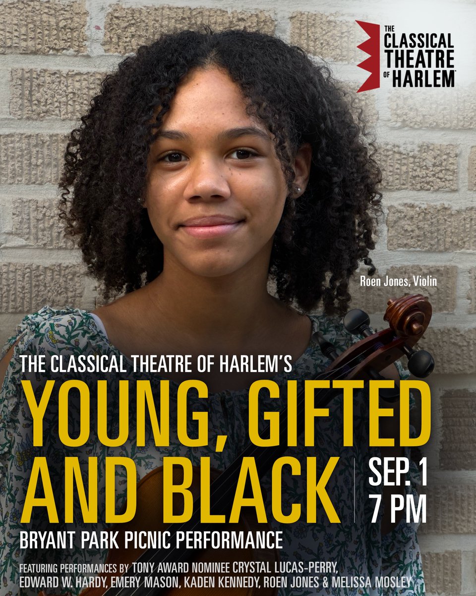 classicalharlem's tweet photo. Meet Roen, one of the gifted young artists performing next week. On Sept. 1st at 7 PM, Bryant Park will come alive with The Classical Theatre of Harlem’s ”Young, Gifted and Black" free Picnic Performance. Inspired by playwright Lorraine Hansberry and songwriter Nina Simone, "To be young, gifted and Black" is a positive and uplifting message to celebrate resilience, pride and the endless promise of our youth.

Join us in celebrating the incredible talents of Tony Award Nominee Crystal Lucas-Perry, Edward W. Hardy, Emery Mason, Kaden Kennedy, Roen Jones & Melissa Mosley. Experience classical & modern hits, along with Lucas-Perry's moving "Ain't No Mo'" monologue. Free entry, first-come, first-served. Bring your own food or savor on-site vendors, curated by Hester Street Fair. Join us for a night of creativity and community excellence. Presented by Bank of America. Learn more: https://t.co/J9IR0EUEq5 (link in bio)

#NYC #free #outdoor @bankofamerica @bryantparknyc@classicalharlem