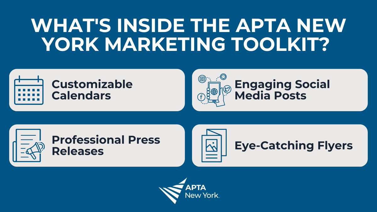 We are thrilled to introduce a game-changing addition to your membership benefits: the APTA New York Marketing Toolkit!

Get the toolkit ➡️ bit.ly/3KILDgE