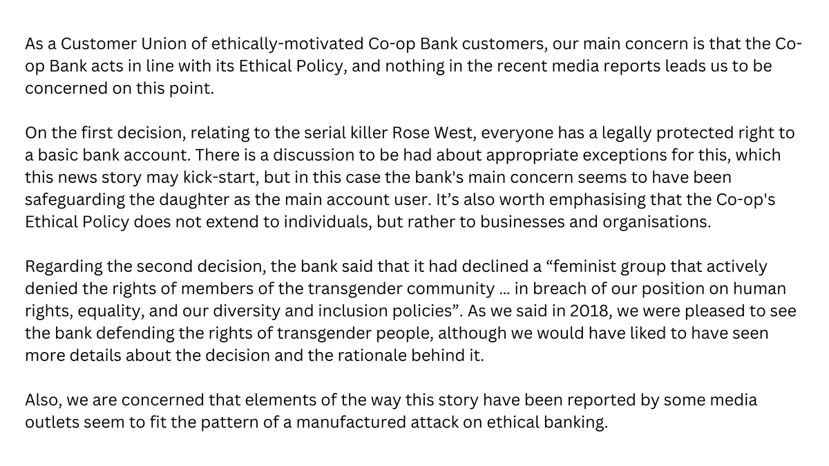 Here is a statement from us, the independent Customer Union for <a href="/CooperativeBank/">The Co-operative Bank UK</a> customers, in response to recent news stories on the Co-op Bank, Rose West and a feminist organisation that the bank refused services to back in 2017.