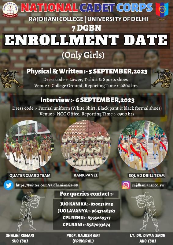 RAJDHANI_SWNCC's tweet photo. ENROLLMENT'2023
DATES ARE OUT BE READY 🔥
PHYSICAL & WRITTEN - 5 SEPT, 23
INTERVIEW - 6 SEPT,23
BE PREPARE YOURSELF ACCORDINGLY AND GET READY TO BE A PARTY OF RAJDHANI NCC(SW) COY.
#JOINNCC #amritkaalkincc #amritkaalcadets #7dgbn #nationalcadetcorps #NationFirst #ncc #cadet https://t.co/s8PTnbWTrw