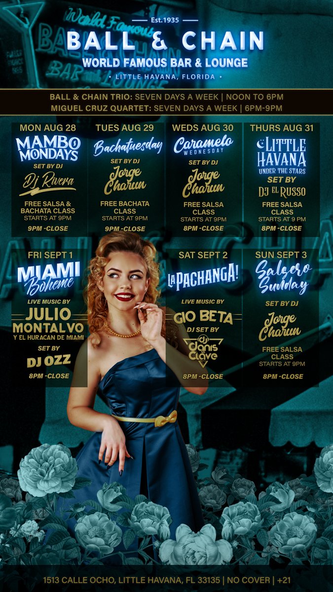 BallAndChainBar's tweet photo. THIS WEEK in #LittleHavana:
#MamboMondays
#Bachatuesday
#CarameloWednesday
Thu - #SalsaNight
Fri - @MiamiBoheme Night
Sat - #LaPachanga
#SalseroSunday
DAILY: #LiveSalsa (noon to 6 p.m.) + #LiveJazz
5X / week: a FREE #DanceClass
#supportlocal https://t.co/kBdwIKSopr ππ https://t.co/WB05Ucv1HT