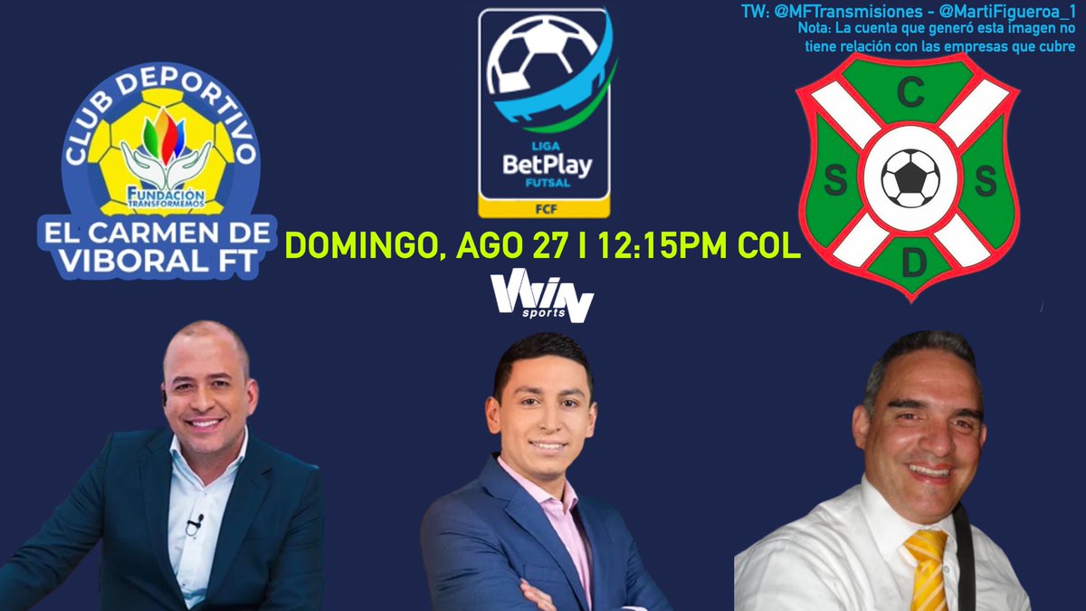 Martín Figueroa - Transmisiones (@mftransmisiones) on Twitter photo 🇨🇴 <a href="/LigaBetPlaySala/">Liga BetPlay Futsal</a> 2023-II - Grupo A (Fecha 3)
<a href="/ElCarmenV/">Alcaldía El Carmen de Viboral</a> (<a href="/Transformemos_/">Fund. Transformemos</a>) 💚💛💙 - <a href="/SanpasB/">Sanpas Boyacá -IRDET</a> 🇸🇷
Relator: <a href="/CarlosGolmez/">Carlos Armando Gomez</a>
Comentarista: <a href="/AndresParraVs/">Carlos Andrés Parra</a>
Campo de Juego: <a href="/oscar_alzate/">Oscar Alzate</a>
📺: <a href="/WinSportsTV/">Win Sports</a>
📱 ¡Síguenos! 🇨🇴 <a href="/LigaBetPlaySala/">Liga BetPlay Futsal</a> 2023-II - Grupo A (Fecha 3)
<a href="/ElCarmenV/">Alcaldía El Carmen de Viboral</a> (<a href="/Transformemos_/">Fund. Transformemos</a>) 💚💛💙 - <a href="/SanpasB/">Sanpas Boyacá -IRDET</a> 🇸🇷
Relator: <a href="/CarlosGolmez/">Carlos Armando Gomez</a>
Comentarista: <a href="/AndresParraVs/">Carlos Andrés Parra</a>
Campo de Juego: <a href="/oscar_alzate/">Oscar Alzate</a>
📺: <a href="/WinSportsTV/">Win Sports</a>
📱 ¡Síguenos!