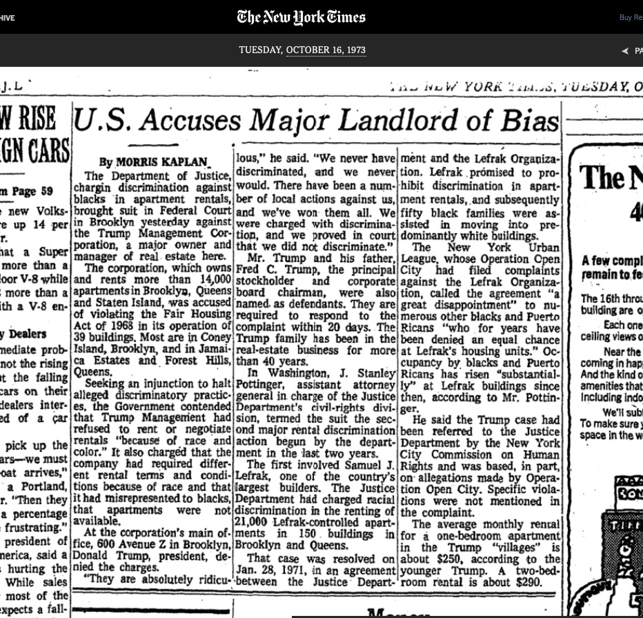 Dear #MAGA, Do you know when the Justice Department first pursued Donald Trump? It was 50 years ago in 1973 when the Justice Dept charged Trump's Co with discrimination for refusing to rent to Black people. Did Joe Biden and the 'DEEP STATE' arrange all that 50 years ago too?