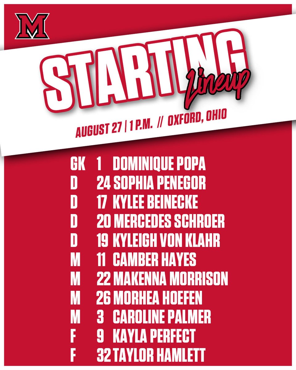 MiamiOH_Soccer's tweet photo. Here's your Starting XI for today's match against UIC! https://t.co/ulNAYu0O3I