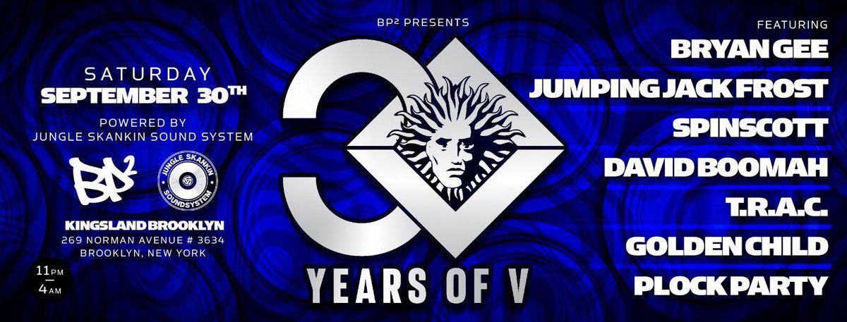 Just over a month away! On Saturday 9/30 in BK we present 
30 YEARS OF V with Bryan Gee <a href="/vforever/">bryan gee</a> Jumping Jack Frost <a href="/djjjfrost/">Jumpin Jack Frost</a> SpinScott David Boomah <a href="/TRAC_/">terrymisu!</a> <a href="/djgoldenchildNY/">Golden Child</a> &amp; <a href="/PlockParty/">Bill Plock</a> Tix: eventbrite.com/e/30-years-of-…