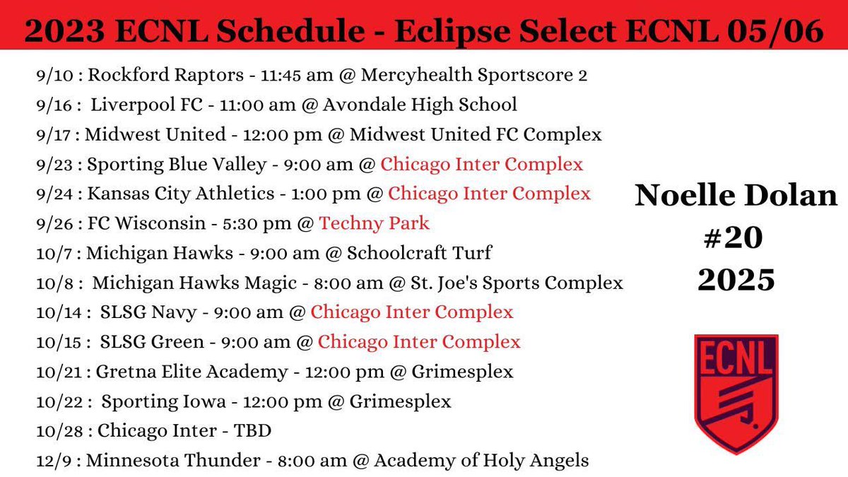 Noelle Dolan (@noelledolan2025) on Twitter photo The <a href="/ECNLgirls/">ECNL Girls</a> Midwest schedule is out!! Iβm super excited to play with <a href="/EclipseECNL06/">Eclipse Select SC ECNL 05/06</a> - check out our games below! The <a href="/ECNLgirls/">ECNL Girls</a> Midwest schedule is out!! Iβm super excited to play with <a href="/EclipseECNL06/">Eclipse Select SC ECNL 05/06</a> - check out our games below!