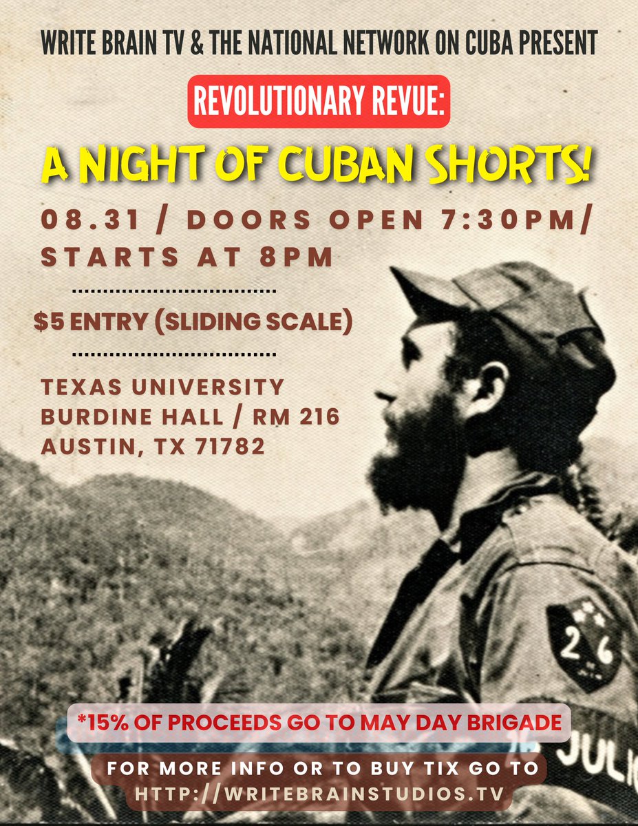 sfr austin cop watch (@austincopwatch) on Twitter photo Show up to Students for Revolution's screening of <a href="/WriteBrainTV/">Write Brain TV</a> 's collection of cuban shorts to support the May Day Brigade and <a href="/NNOCuba/">National Network on Cuba 🇨🇺</a> ! Show solidarity with us this thursday at 8!!! Show up to Students for Revolution's screening of <a href="/WriteBrainTV/">Write Brain TV</a> 's collection of cuban shorts to support the May Day Brigade and <a href="/NNOCuba/">National Network on Cuba 🇨🇺</a> ! Show solidarity with us this thursday at 8!!!