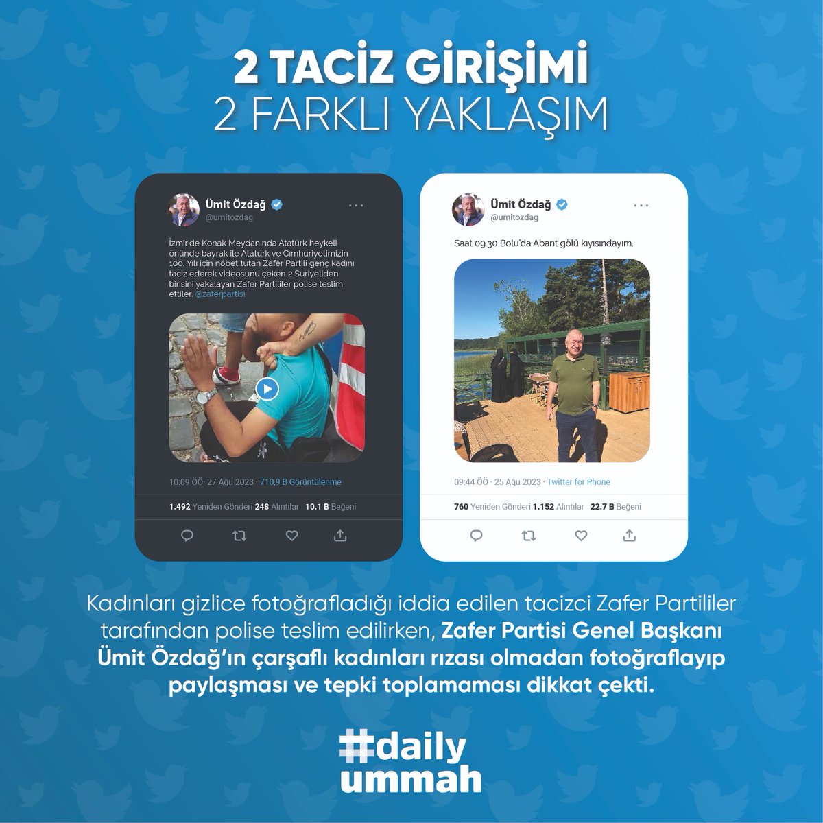dailyummah's tweet photo. 🔴 Kadınları gizlice fotoğrafladığı iddia edilen tacizci, Zafer Partililer tarafından polise teslim edilirken, #ZaferPartisi Genel Başkanı #ÜmitÖzdağ’ın çarşaflı kadınları rızası olmadan fotoğraflayıp paylaşması ve tepki toplamaması dikkat çekti. https://t.co/jYigYWw7eJ
