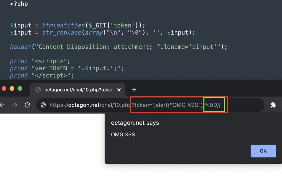 OK, so why does this XSS work? Octagon Networks researchers discovered PHP servers drop any header if the header has '%0D'. This means if attacker controls char in header they can remove the header. That is the solution to our latest XSS. The more you know 😉 #bugbountytips