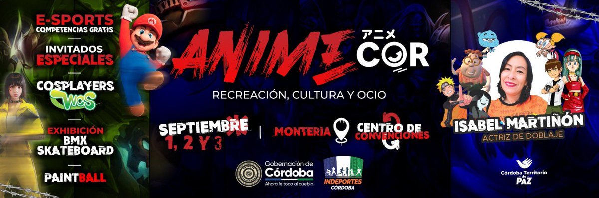 #AnimeCOR no te puedes perder el 1,2 y 3 de septiembre este Importante evento. 
En el centro de convenciones tendremos exhibiciones, personajes, nuevos y mucho más!.
Seguimos abriendo espacios para la convivencia! <a href="/secjuventudc/">Secretaría de Juventud del Departamento de Córdoba</a>