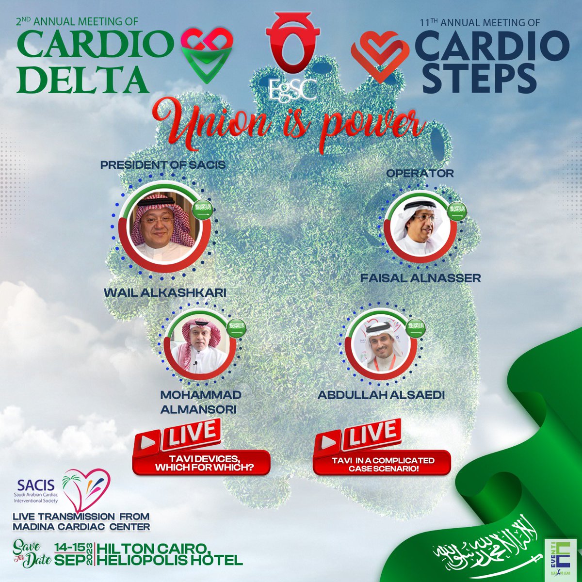 SACIS continues to contribute to the regional &amp; international scientific communities &amp; we are honored to accept the invitation from one of the largest Egyptian Cardiac societies with live cases
September 14-15, 2023

(CARDIO STEPTS/CARDIO DELTA)

cardiosteps.com
🇸🇦🇪🇬