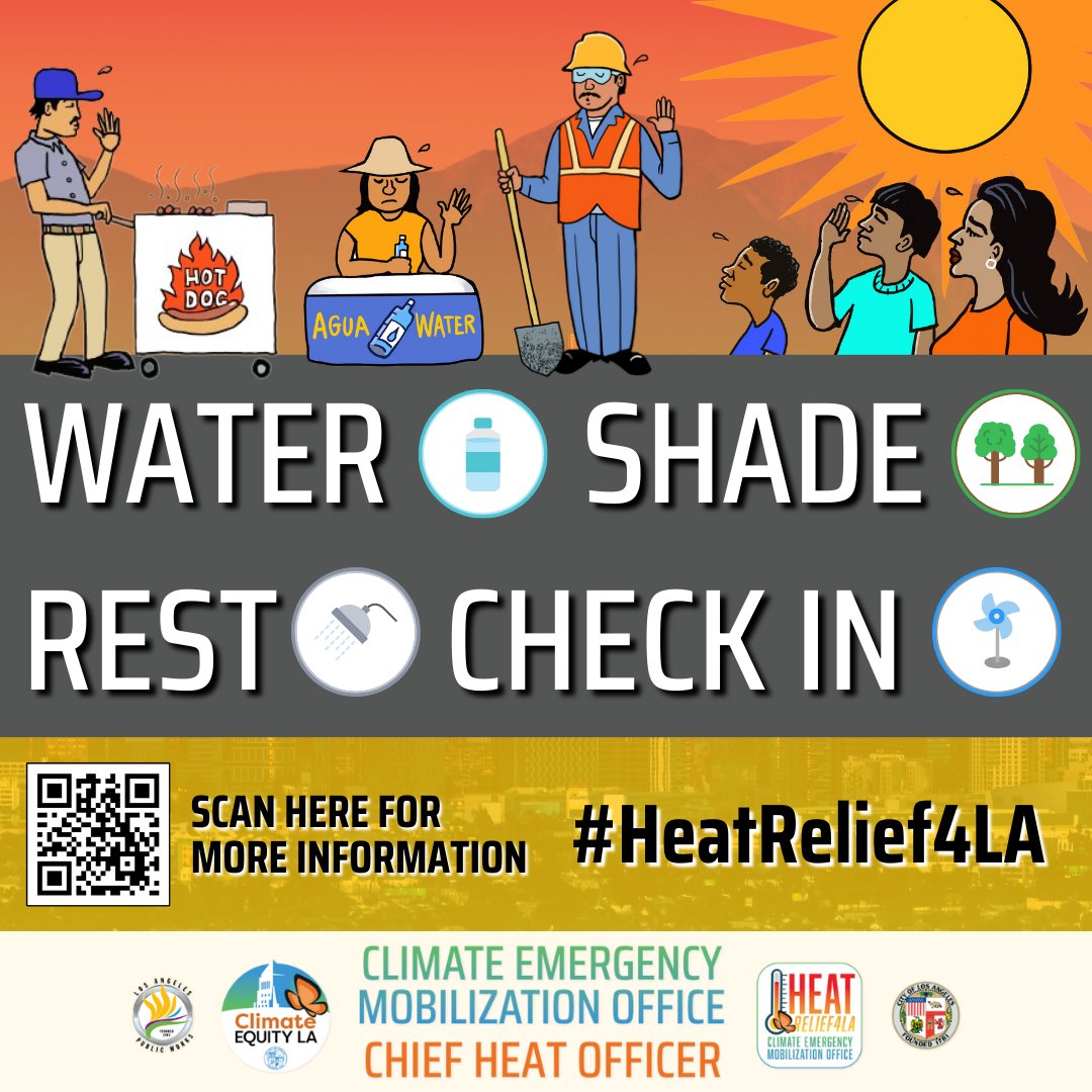 Heat waves are a risk to your health! Stay safe: check local news for heat alerts, stay cool in the shade or cooling centers, hydrate, and care for yourself and others. Call 311 or visit Climate4LA.org/heat for more tips. #HeatRelief4LA #HeatSafeLA #ClimateEquityLA #NotifyLA