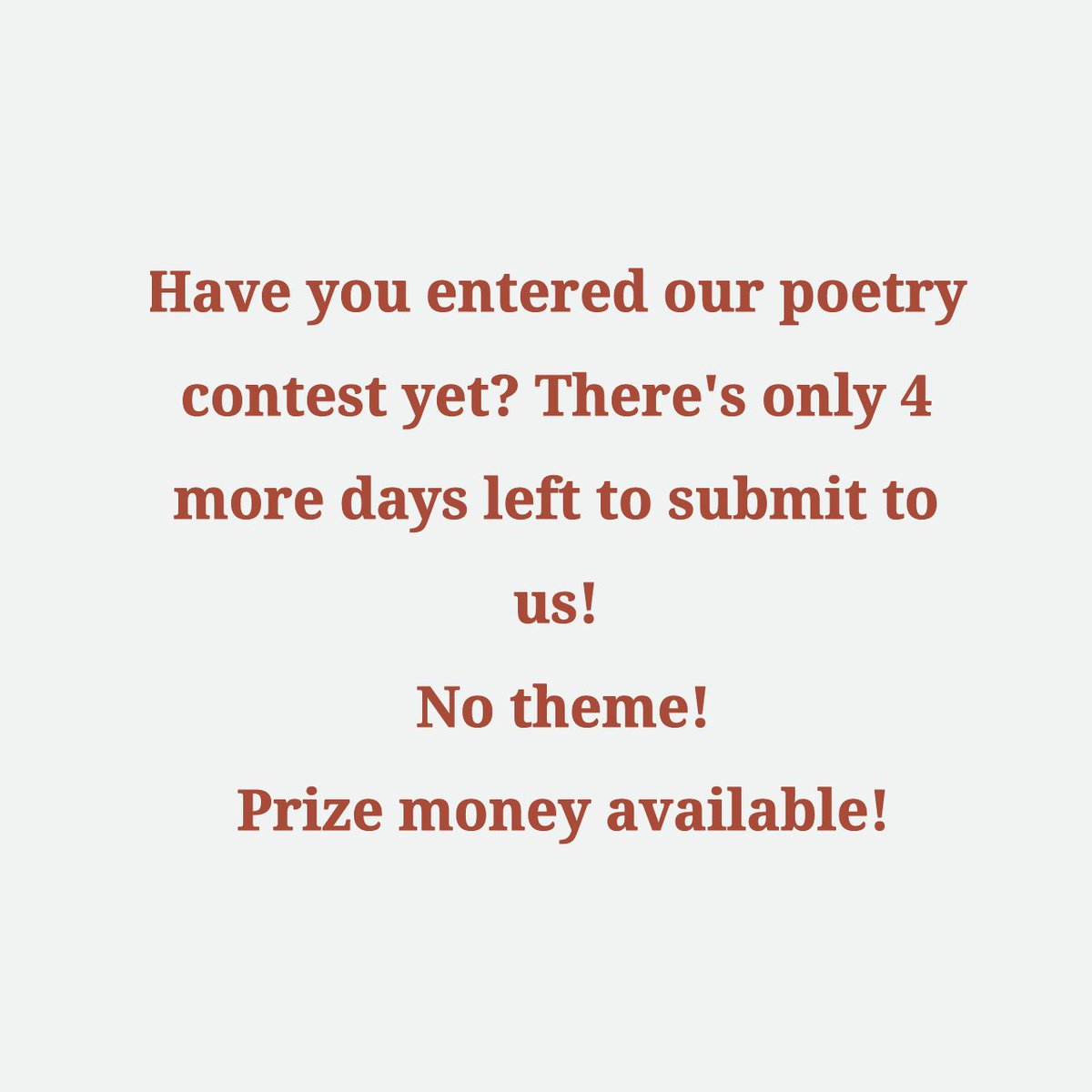 Check out our poetry contest via our website in our bio! 4 days left!
#poetsofinstagram #poetryofinstagram #poetrymagazine #poetsociety #poem #poetrygram #poetrycommunity #poet #poetrylovers #Poetry