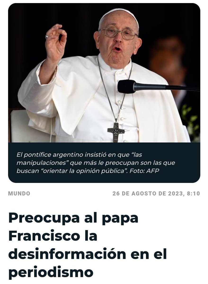 mercadomariano's tweet photo. “La desinformación es uno de los pecados del periodismo, que son cuatro: la desinformación, cuando un periodista no informa o informa mal; la calumnia, la difamación, que es diferente de la calumnia pero destruye; y el cuarto es el amor al escándalo” Francisco. @Pontifex_es https://t.co/JnS7amAjA2