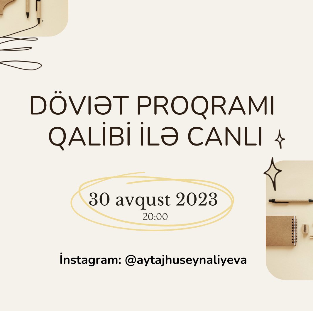 Aytac Huseynaliyeva (@aytachuseynali1) on Twitter photo Dövlət Proqramı qalibi Məhsəti Əzizova ilə təqaüd proqramı haqqında danışacaqlarımızı dinləmək, suallarınızı vermək üçün @aytajhuseynaliyeva instagram səhifəmi izləyərək, 30-u canlıya qatıla bilərsiniz. Dövlət Proqramı qalibi Məhsəti Əzizova ilə təqaüd proqramı haqqında danışacaqlarımızı dinləmək, suallarınızı vermək üçün @aytajhuseynaliyeva instagram səhifəmi izləyərək, 30-u canlıya qatıla bilərsiniz.