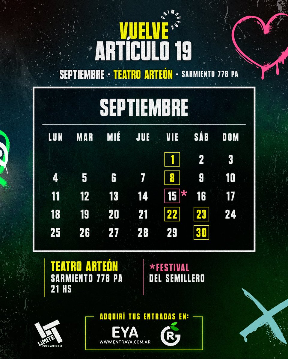 ¡¡¡EXITO TOTAL!!! ¡¡¡A PEDIDO DEL PÚBLICO!!! #NUEVASFUNCIONES #Artículo19 #ElExperimento #TEMPORADAPRIMAVERA2023. No te quedes afuera… VIERNES 1, 8 Y 22; SÁBADOS 23 Y 30 DE SETIMEBRE, a las 21:00, en el #TeatroArteón
Entradas a la venta entraya.com