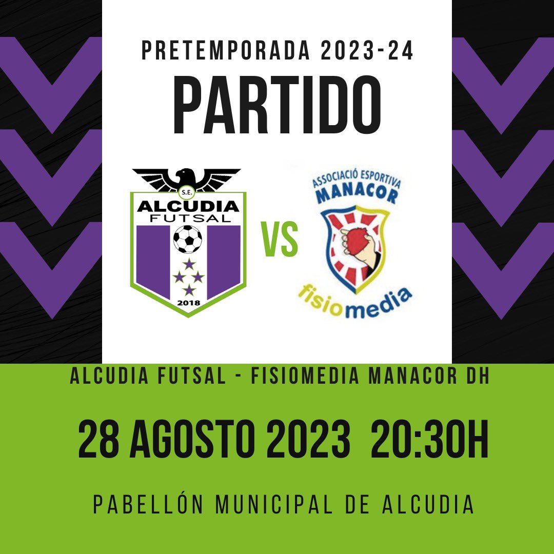 AlcudiaSe's tweet photo. Segundo partido de la pretemporada del  equipo de 3ª División.

🆚 Fisiomedia Manacor DH

⏰ 20:30h 

🏟️ Pab. Municipal de Alcudia

¡Tocar seguir preparándose para el inicio de la competición! 

#vamosverdes 💚🤍💜 https://t.co/zDhXPqGvCc