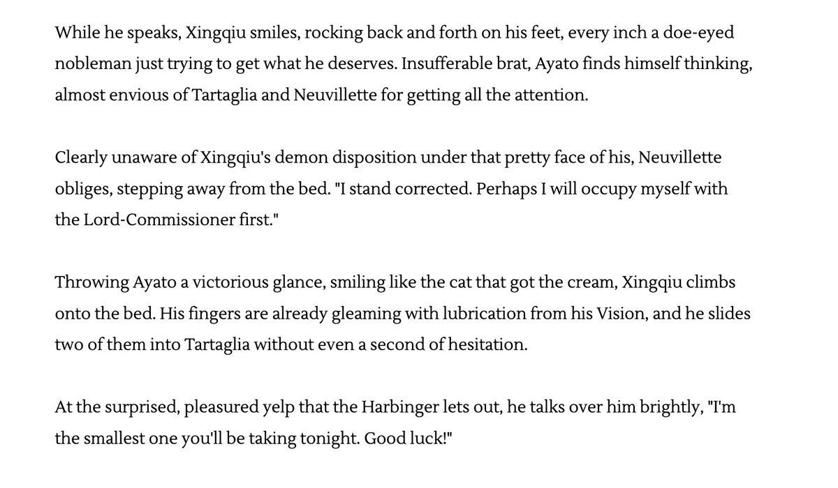 hoarfrost_fics's tweet photo. 🔞 #neuvichi, #ayachi, #xingchi: hydro boys topping tartaglia as reparations for his many crimes, bondage, strap-ons, trans xingqiu 
a brief snippet of bullshit that might become a full fic in the future!! for now have tartaglia being a little shit as always https://t.co/tyABYDG6xD