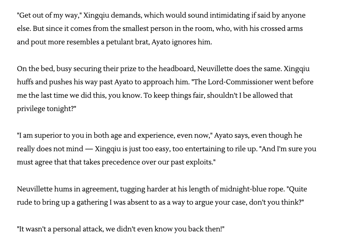 hoarfrost_fics's tweet photo. 🔞 #neuvichi, #ayachi, #xingchi: hydro boys topping tartaglia as reparations for his many crimes, bondage, strap-ons, trans xingqiu 
a brief snippet of bullshit that might become a full fic in the future!! for now have tartaglia being a little shit as always https://t.co/tyABYDG6xD
