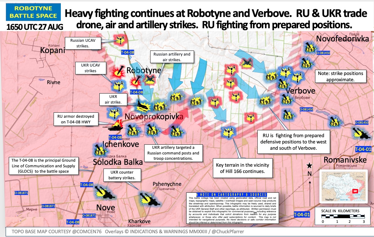 ChuckPfarrer's tweet photo. ROBOTYNE AXIS /1650 UTC 27 AUG/ Heavy fighting continues at Robotyne and Verbove.  RU &amp; UKR trade drone, air and artillery strikes.  RU fighting from prepared positions in Novoprokopivka and Verbove.  Fighting ongoing in vicinity of key terrain near Hill 166. https://t.co/4gskotax5A