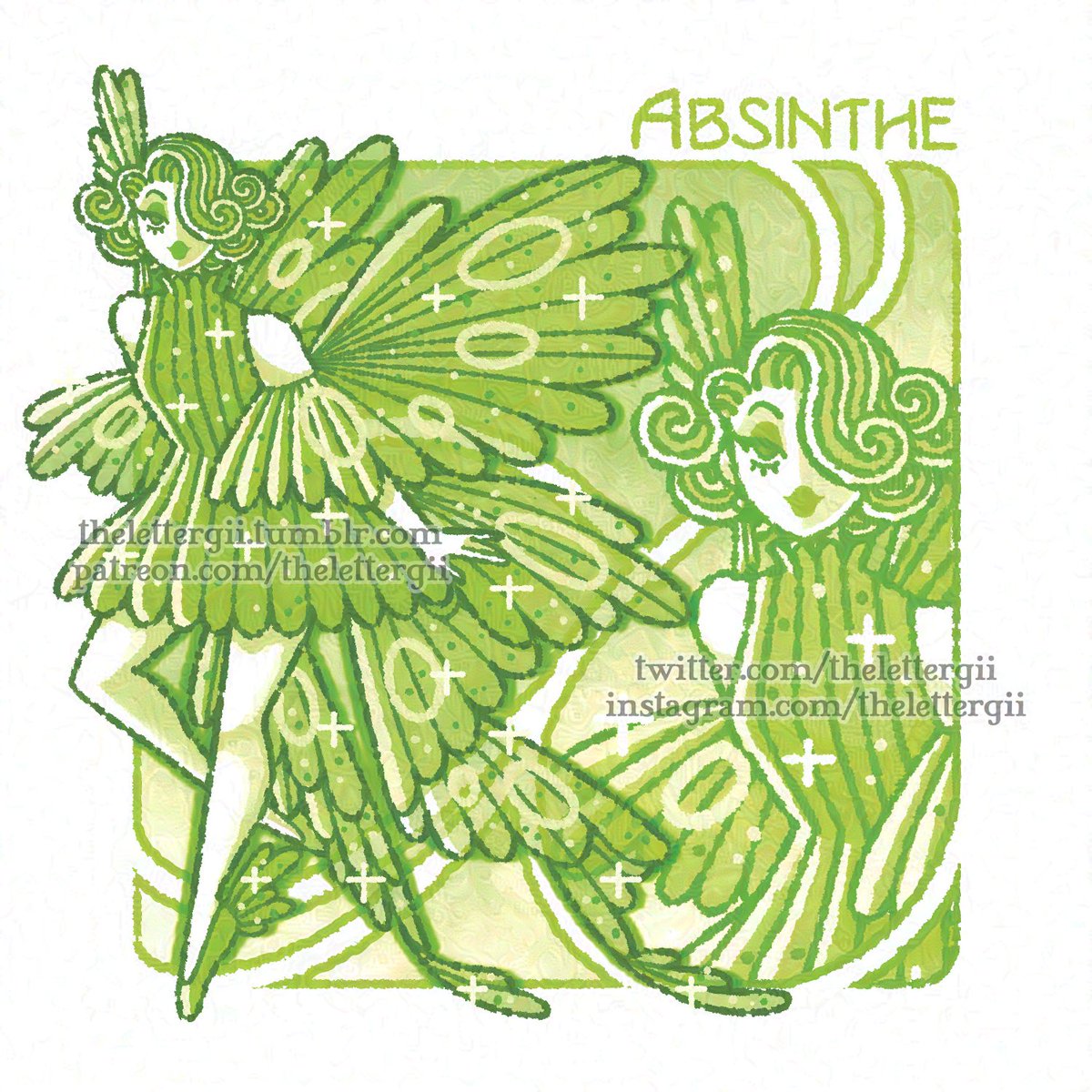 thelettergii's tweet photo. Absinthe Green 💚
#feeverte #greenfairy #fashionillustration #artnouveau https://t.co/ynnjCJKqxb