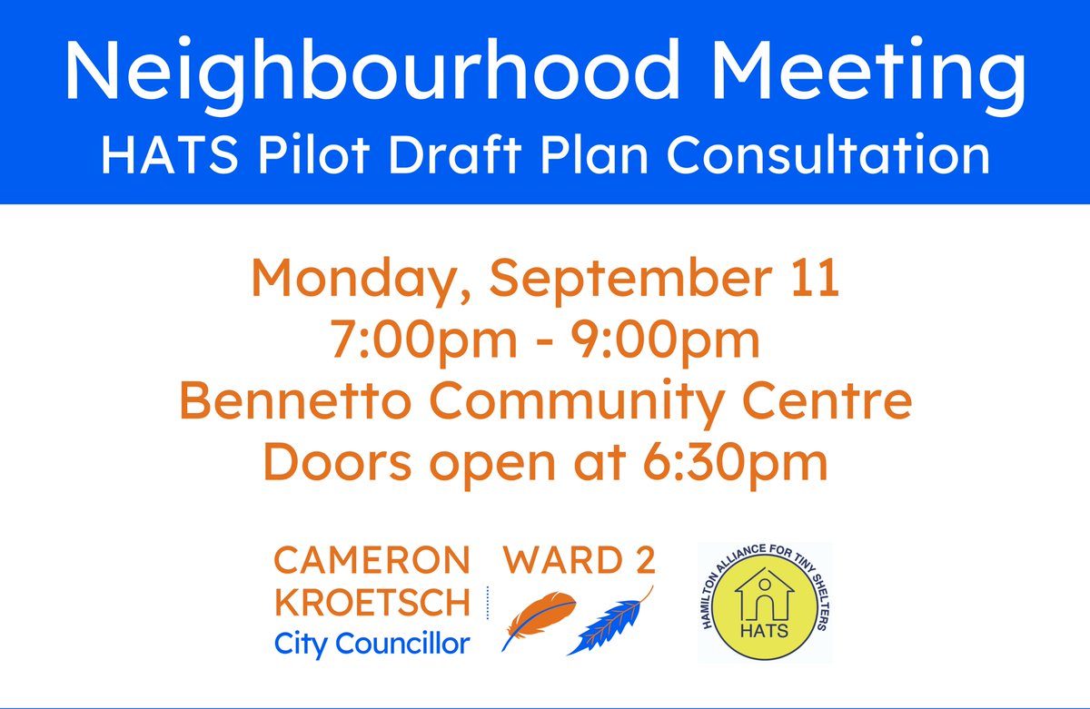 Thanks to everyone who came out to the meeting yesterday. The next meeting, to consult on the draft plan for the HATS pilot, will be held on September 11 at the Bennetto Community Centre in the North End. Doors open at 6:30pm and the meeting starts at 7:00pm. #HamOnt
