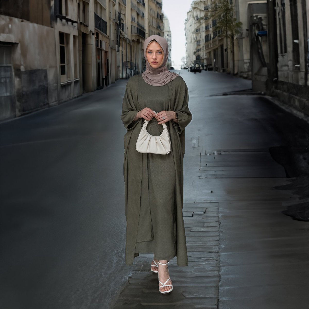 AnnahHariri's tweet photo. Dinia linen natural fabric 3 piece set with inner slip dress, apron and open front abaya in khaki green
https://t.co/GDnKF1nabB https://t.co/n3vHgk4D0U