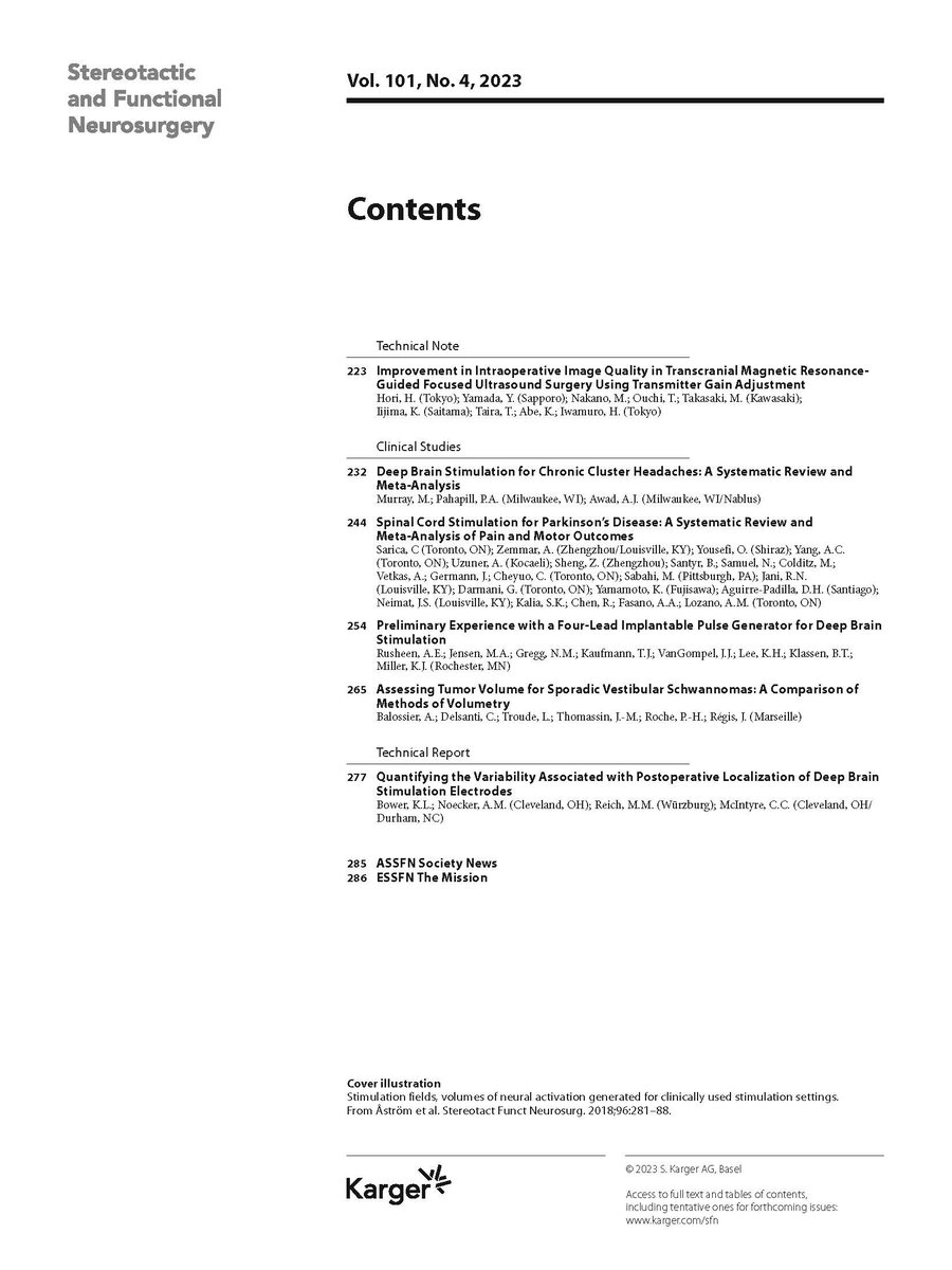 📢 New Issue Alert: Stereotact Funct Neurosurg
@NeuroKarger @ASSFNeurosurg

karger.com/sfn/issue/101/4

#deepbrainstimulation #dbs #parkinsonsdisease #spinalcordstimulation #scs #focusedultrasound #neurosurgery