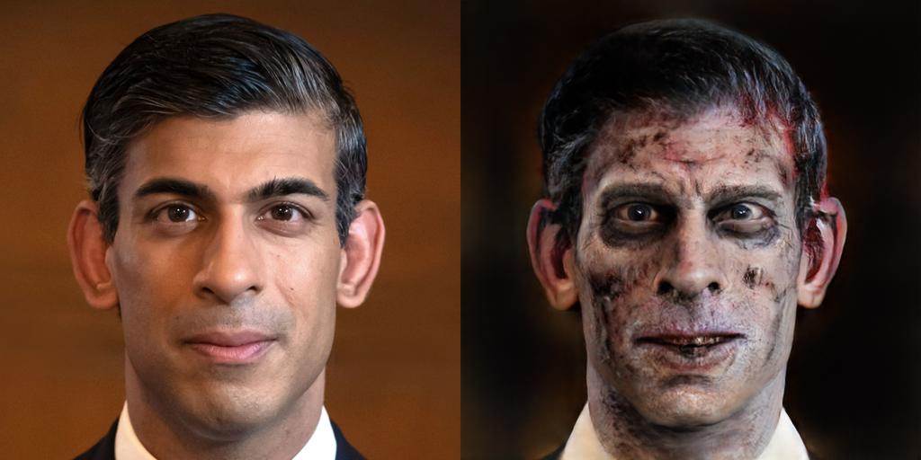 1/10 They all horrify me, I think their Zombie faces make them look kinder and more human. What do you think? Zombie Government No.1 - Head Zombie Rishi Sunak #ToriesOut416 #ZombieGovernment #GTTO #GeneralElectionNow