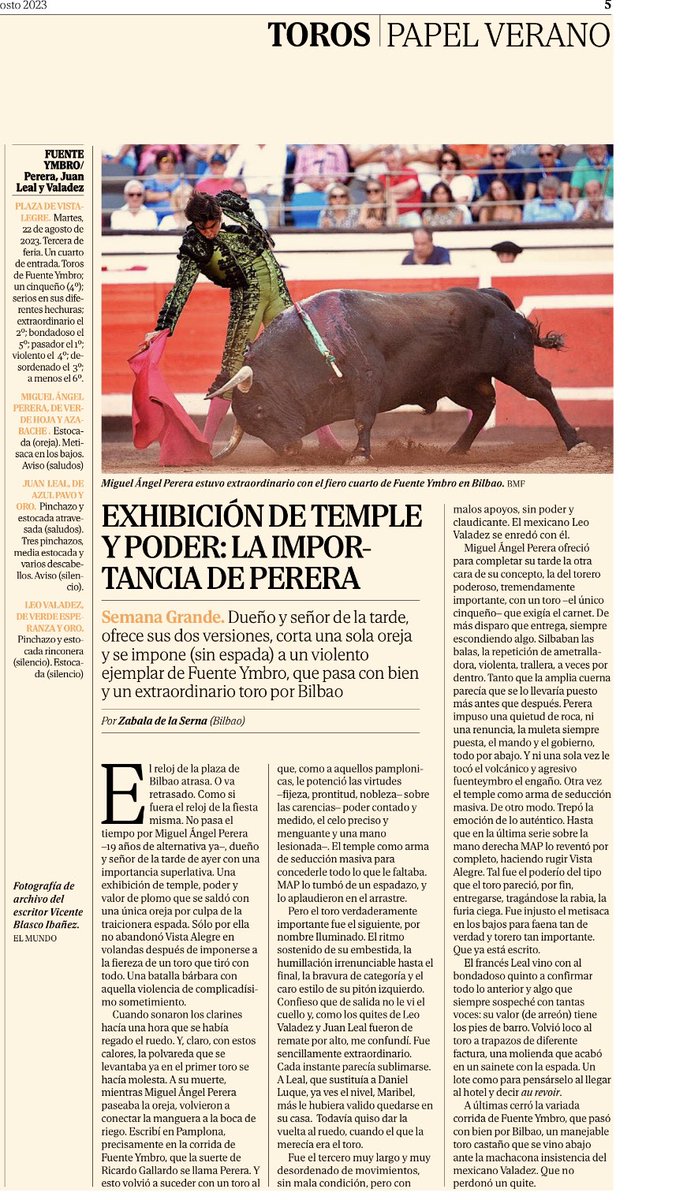 zabaladelaserna's tweet photo. Pues acabada la feria, la faena de Bilbao lleva el nombre de Perera al trallero cuarto toro de la buena corrida de Fuente Ymbro https://t.co/cChE7l9egK