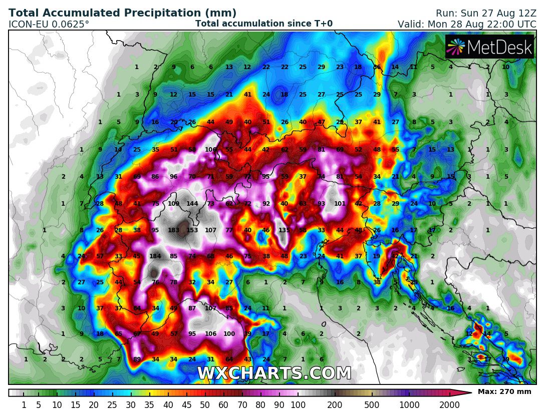 weermanrobert's tweet image. Tot morgenavond worden er nog bijzonder grote regenhoeveelheden verwacht in de westelijke helft van de #Alpen. Lokaal kan er in Noord-Italië nog eens tegen de 200 millimeter vallen. Ben je daar? #StaySave. Levert een hoop narigheid zoveel regen hartvannederland.nl/advies-en-tips…