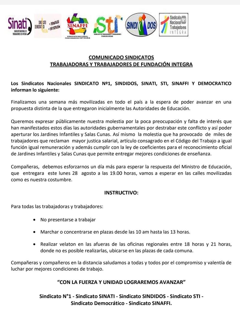 Continua el paro indefinido de Fundación Integra. Exigimos pleno cumplimiento al acuerdo de nivelación interna de remuneraciones #Formula1 #gobierno #educacion <a href="/Mineduc/">Ministerio de Educación</a> <a href="/Presidencia_cl/">Presidencia de Chile</a> <a href="/GabrielBoric/">Gabriel Boric Font</a> <a href="/ProvosteYasna/">Yasna Provoste Campillay</a> <a href="/24HorasTVN/">24 Horas</a> @CHVNoticias <a href="/meganoticiascl/">Meganoticias</a> <a href="/EFEnoticias/">EFE Noticias</a>