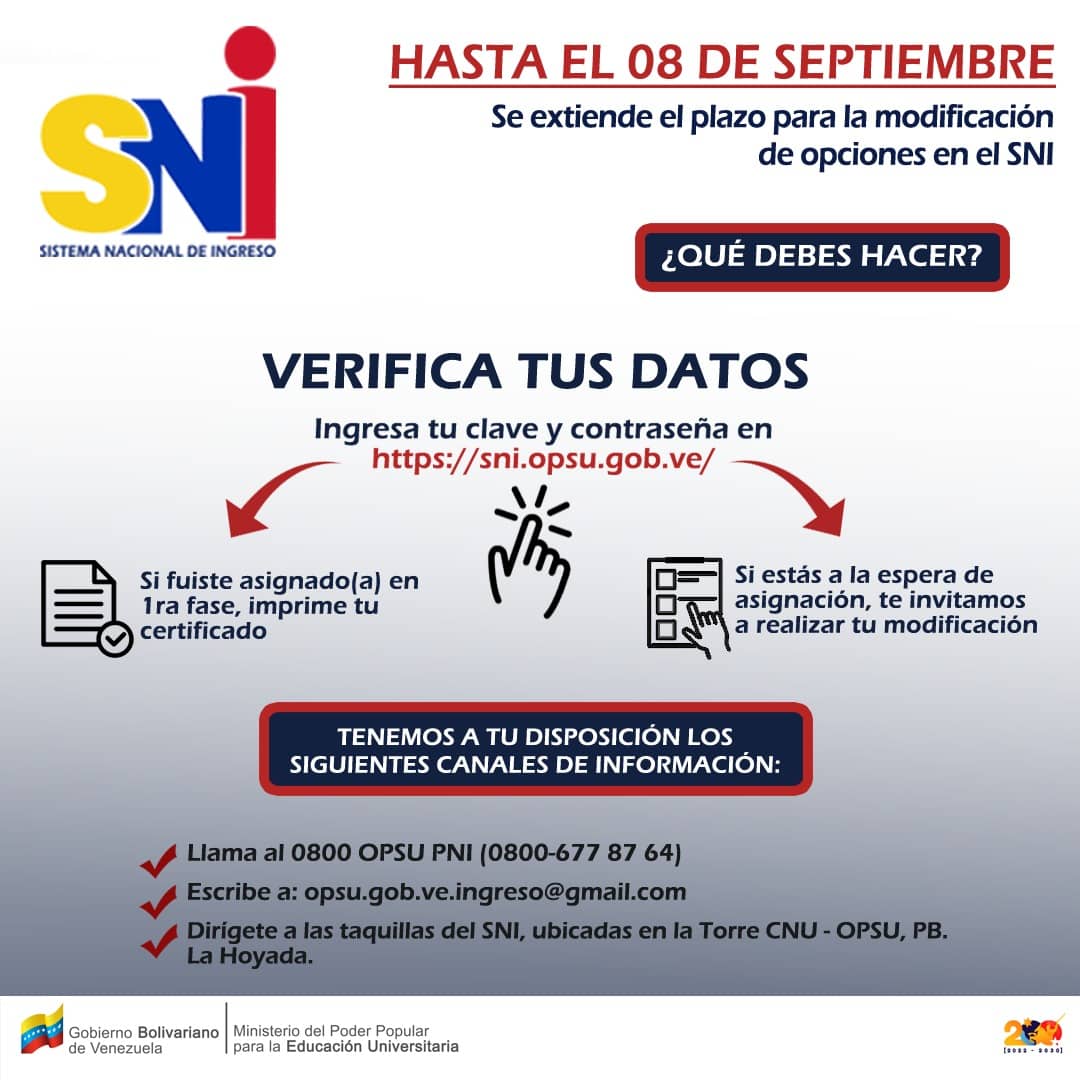 🗣️ ᴇʟ sɪsᴛᴇᴍᴀ ɴᴀᴄɪᴏɴᴀʟ ᴅᴇ ɪɴɢʀᴇsᴏ #2023 ᴅᴀ ᴏᴘᴏʀᴛᴜɴɪᴅᴀᴅ ᴘᴀʀᴀ ʟᴀ ᴍᴏᴅɪғɪᴄᴀᴄɪᴏɴ ᴅᴇ ᴏᴘᴄɪᴏɴᴇs ʜᴀsᴛᴀ ᴇʟ 8 ᴅᴇ sᴇᴘᴛɪᴇᴍʙʀᴇ.

<a href="/NicolasMaduro/">Nicolás Maduro</a>
<a href="/delcyrodriguezv/">Delcy Rodríguez</a>
<a href="/dcabellor/">Diosdado Cabello R</a> 
<a href="/sandraoblitasr/">Sandra Oblitas Ruzza</a>
<a href="/gestionperfecta/">Carmen Meléndez</a>

#YulimarEsVenezuela