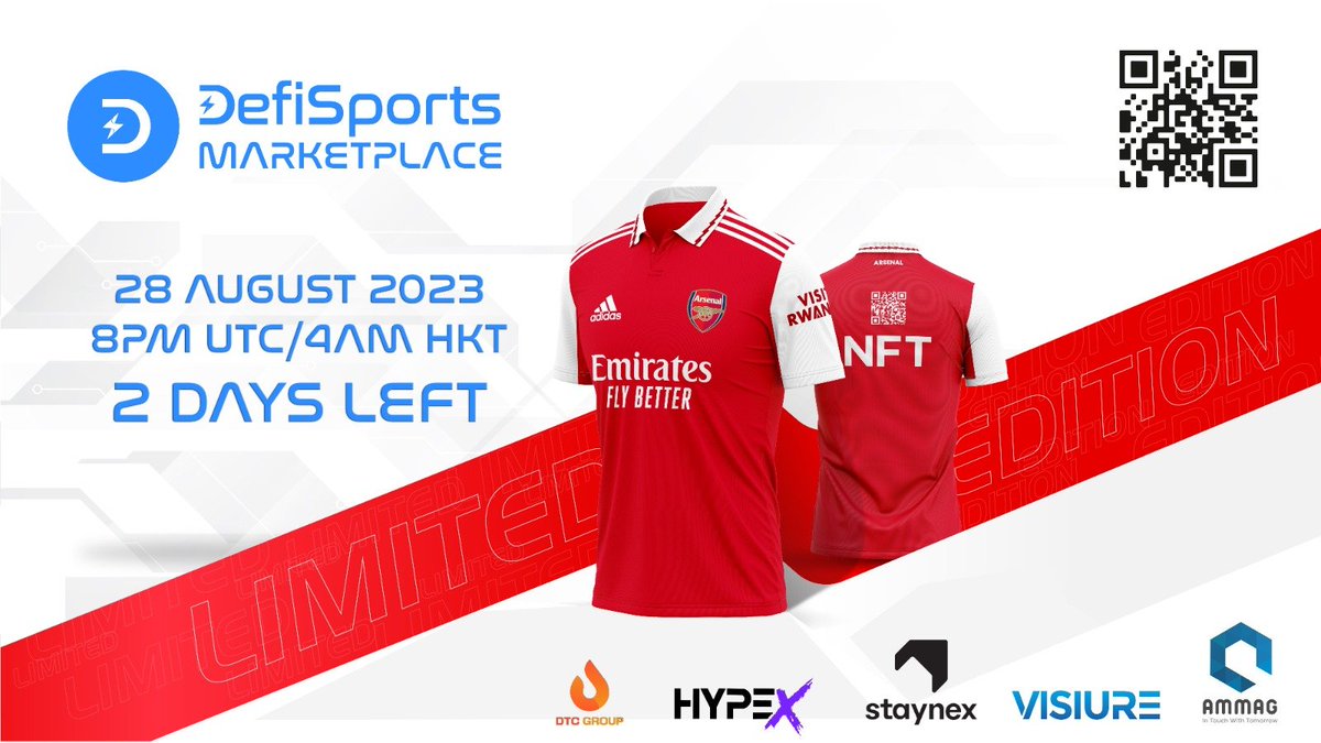 DefiSportsCoin's tweet photo. 🟦Just 2 days left! The anticipation is electrifying as we gear up for the monumental Arsenal jersey auction, brought to you by our official partner @staynexcom. 
Get ready to make history ⚽
Learn more: https://t.co/A5Zy0TfM1V…

 #Defisports #ArsenalJersey #NFTMarketplace #nft https://t.co/UrrvOzUvu7