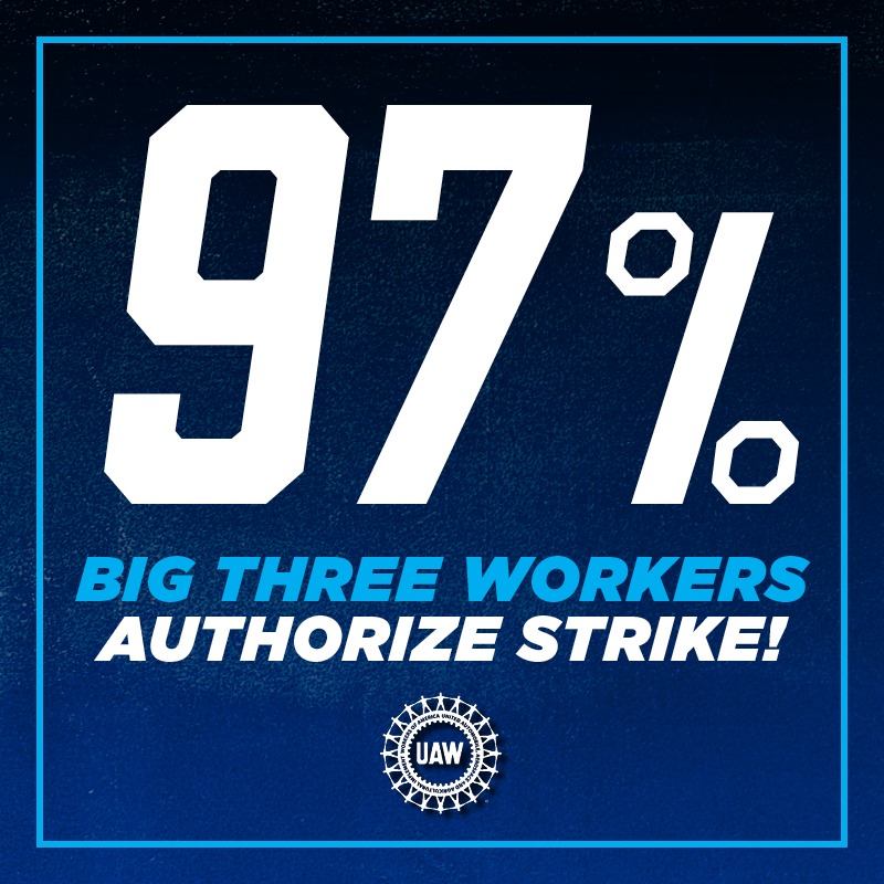 CD3INDems's tweet image. One week ago, an overwhelming 97% of @uaw.union members at the Big Three automakers voted to authorize a strike if the companies fail to offer a competitive contract by September 14.

As UAW President Shawn Fain says: &quot;Record profits mean record contracts.&quot;

#Solidarity #1u