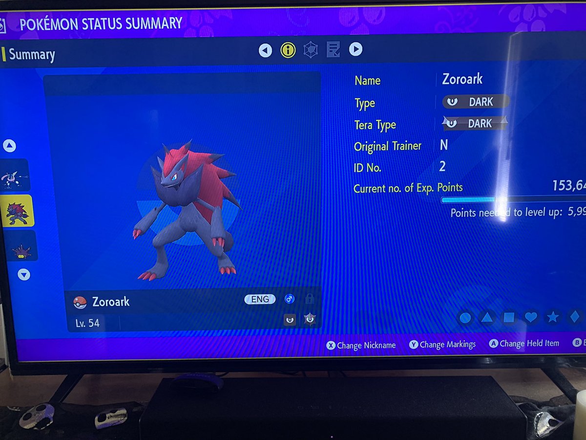 Lock3N's tweet photo. Moving Pokémon from Bank to Home to Violet today and I dunno how I got it but I’ve had it since Gen 6. I have N’s Zoroark from B2W2 which I haven’t played. Pretty cool. https://t.co/rXKd8HVRpB
