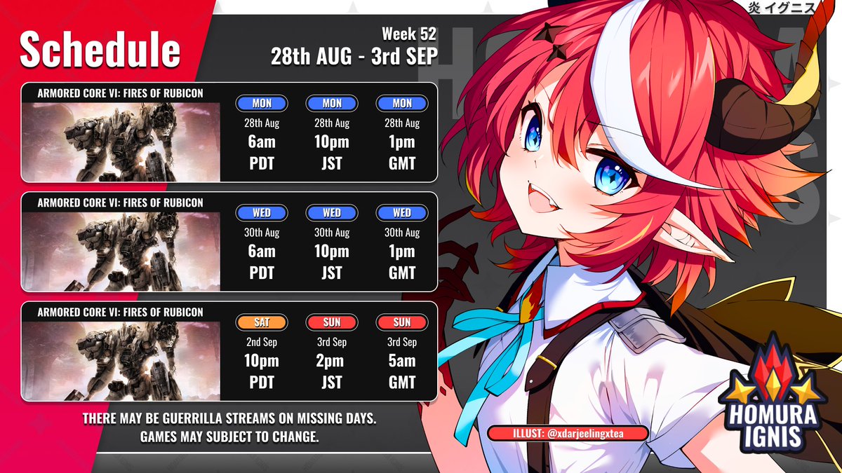 HomuraIgnis's tweet photo. Good Morning🔥Good Game. 🔥
I want to get as much done for this game so we can create various mechs! 

Weekly Schedule🔥🔥🔥
#IgniSpeak #ClipNis #SalamandArt https://t.co/QXwcdv83r5