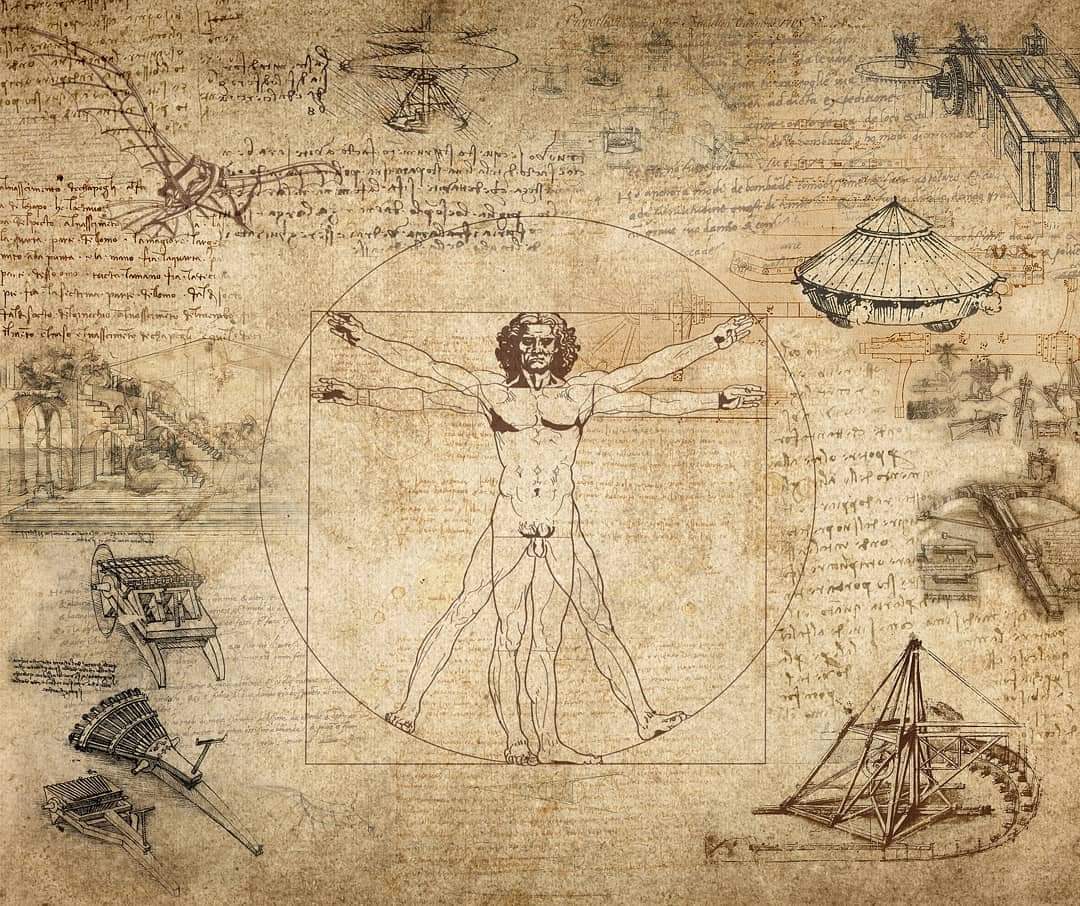 Collage molto interessante con l'Uomo Vitruviano al centro e ai suoi lati alcune delle invenzioni più famose di Leonardo da Vinci. Un'immagine che non riesce a riassumere il genio di colui che per l'Italia è stato, è e sarà un vanto immortale.